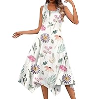 Womens Boho Summer Dresses Casual Round Neck Sleeveless Floral Print Irregular Hem Midi Dress