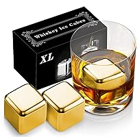 2 Large Whiskey Stones 64 cm³ (4 cu in) - Man Gift Set - Reusable Stainless Steel Metal Ice Sphere Cubes Beverage Chilling Rocks Whiskey Stones for Red Wine, Bar Beer, Scotch, Vodka Drinks - Gold