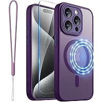 ROYBENS for iPhone 15 Pro Matte Clear Case Compatible with Magsafe, Full Camera Lens Protection, Screen Protector, Wrist Strap, Translucent Magnetic Slim Hard Protective Phone Cover, Purple