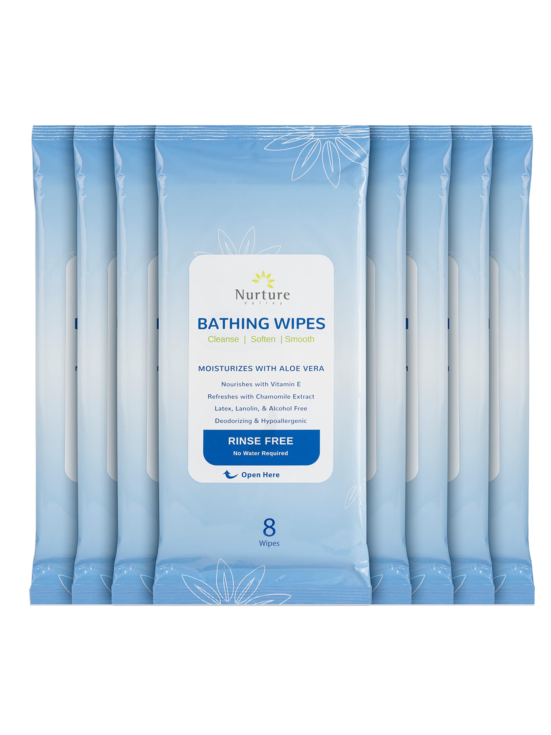Nurture Valley Rinse Free Bathing Wipes for Adults | Waterless Cleansing w/Aloe for Sensitive Skin | Disposable Adult Body Bath Wet Wipe | Disabled Bedridden Elderly Care Home Hospital & Travel