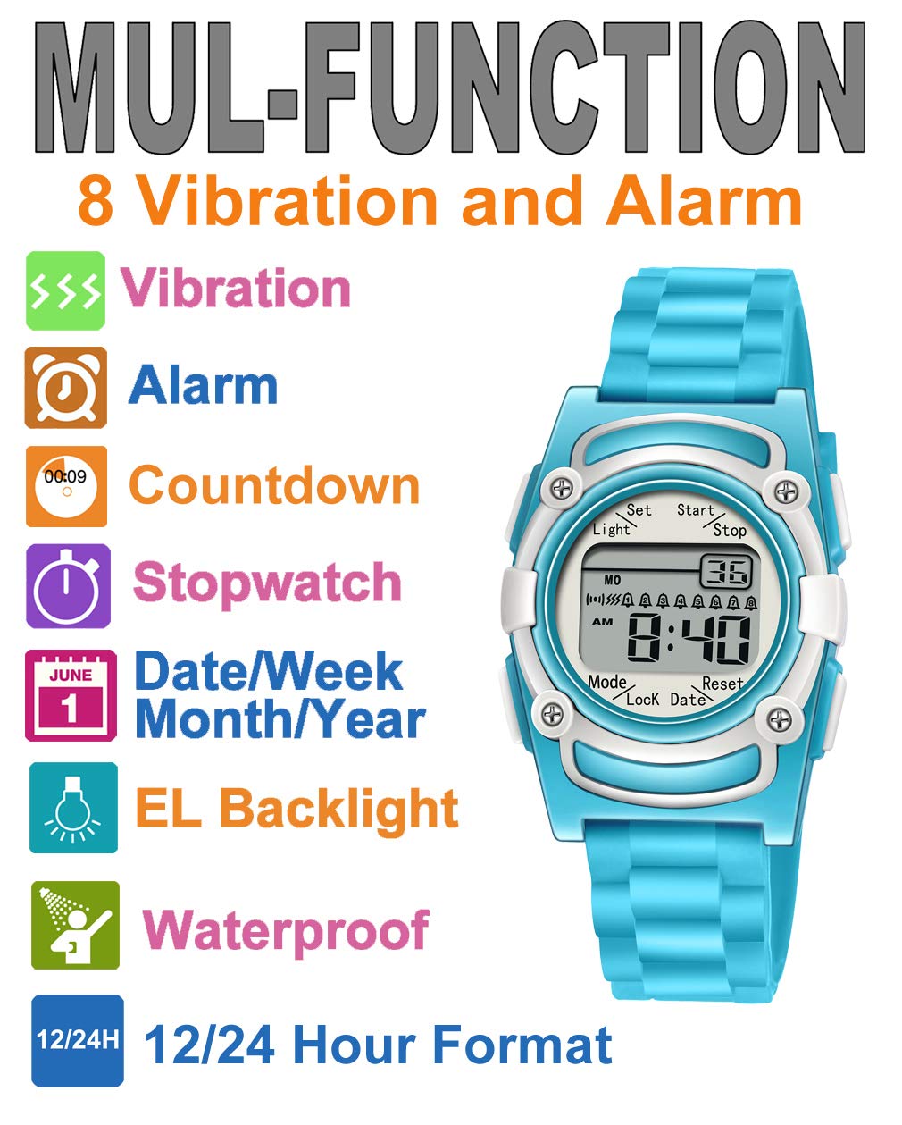Kids Digital 8 Alarm Vibrating Watch Medication Reminder Potty Urinary Training Vibration Pill Alert Vibra Medical Reminder for Children