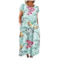 Womens Sundresses Floral Maxi Dress Petite Maxi Dresses Summer Boho Dressy Oversized Short Sleeve Dress for Women Cotton Loose Fitting Pocket Tropical Print Cool O Neck Mint Green