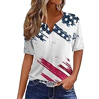 Womens Top American Flag 4Th of July 2024 Patriotic Star Stripes Shirt Cute Button Down V Neck Short Sleeve Tee Blouse