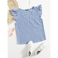 Women's Tops Women's Tops and Blouses Gingham Butterfly Sleeve Top Women's Tops Casual (Color : Blue and White, Size : Large)