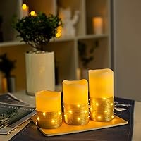 BeMoment Flickering Flameless Candles with Timer - Battery Operated, White LED String Lights, Gold Accent, Ideal for Home Decor, Fireplace, and Events, 3pcs (D 3