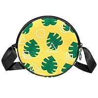 Palm Leaves With Geotric Pattern Crossbody Bag for Women Teen Girls Round Canvas Shoulder Bag Purse Tote Handbag Bag