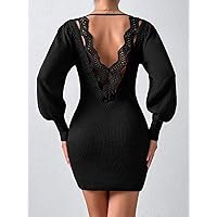 Sweater Dress for Women Contrast Guipure Lace Cut Out Lantern Sleeve Sweater Dress Without Belt Sweater Dress for Women (Color : Black, Size : Medium)
