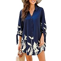 CUPSHE Women Floral Shirt Beach Cover Up Dress 3/4 Sleeve Cuff Tie Button Down Mini Summer Dresses Cover Ups Vacation