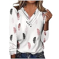 Trendy Tops for Women 2023 2024 Flower Printing Tee Shirt Feather Gradient Blouse Long Sleeves V Neck Fall Cloth