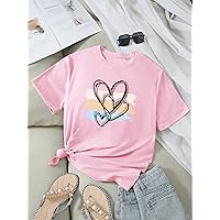 Women's T-Shirt Brush & Heart Print Tee T-Shirt for Women KEARACE (Color : Pink, Size : Small)