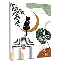 LB Modern Mid Century Wall Art Black Cat on Moon Green Leaf Canvas Wall Art for Bedroom Abstract Striped Painting Wood Framed Prints Wall Decor for Living Room Bathroom,16x20 inches