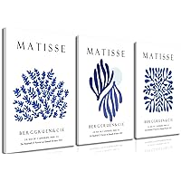 Bwodke Framed Matisse Navy Blue Leaf Canvas Wall Art Print Poster 3 Pack Minimalist Flower Market Painting Picture Abstract Aesthetic Wall Decor Painting Living Room Bedroom Bathroom (Blue, 16x24in