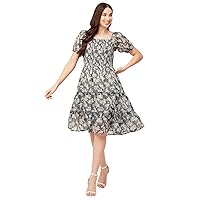 Womens Printed Smocked Dress Knee Length Summer Dress