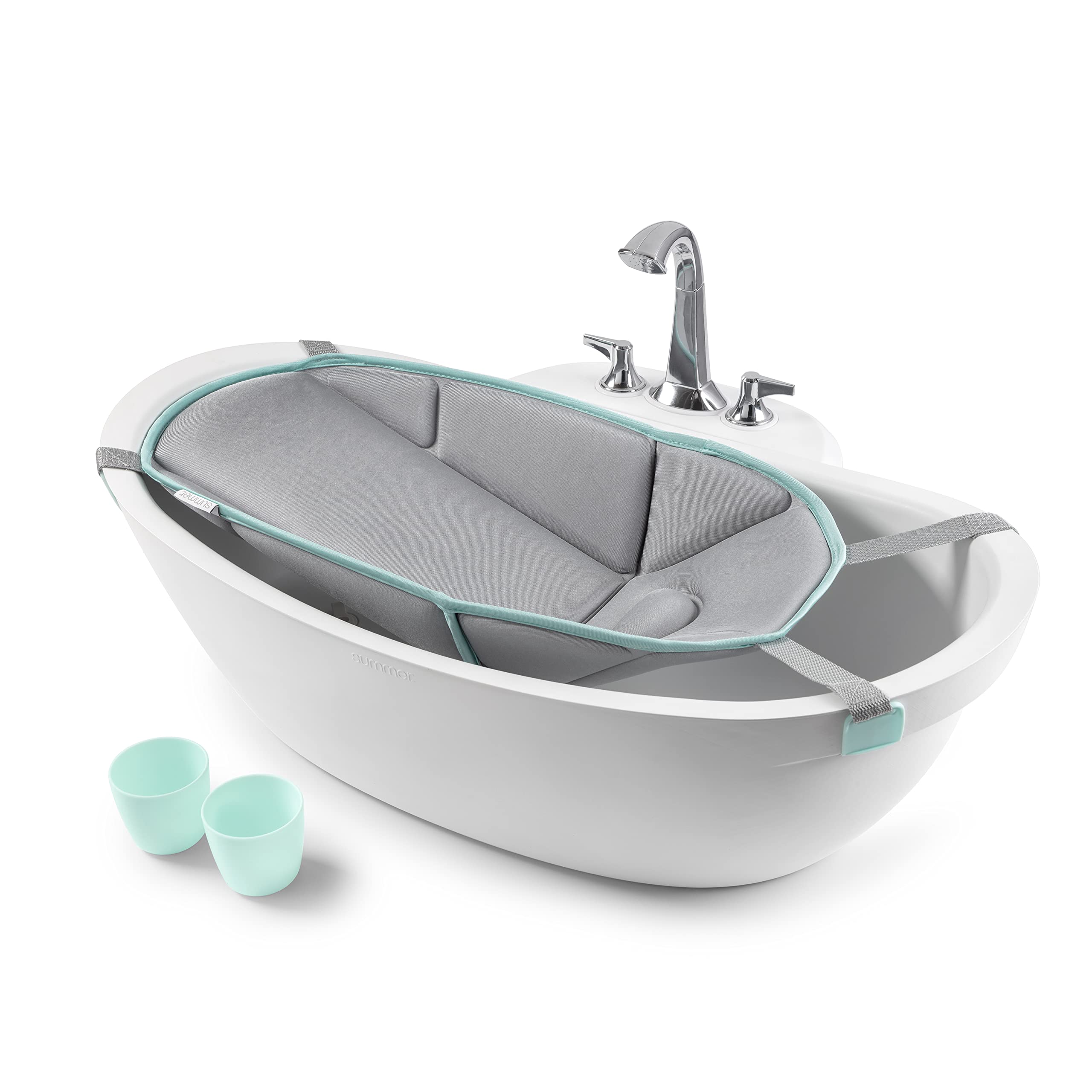 Summer® My Size™ Tub 4-in-1 Modern Bathing System - for Ages 0-24 Months – Baby Bathtub Includes Soft Support, Pull-Down Sprayer and Removable Water Tank, Rinse and Pour Cups, and Drain Plug