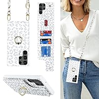 for Samsung Galaxy S23 Ultra Case with Card Holder and Strap for Women,Crossbody Lanyard,Ring Stand,Snap Clasp,Cute Phone Wallet Cases 6.8 inch(White Leopard)