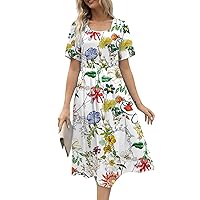 Women's 2024 Summer Long Dress Boho Floral Print Crew Neck Short Sleeves Ruffle Swing Beach Party Maxi Dress