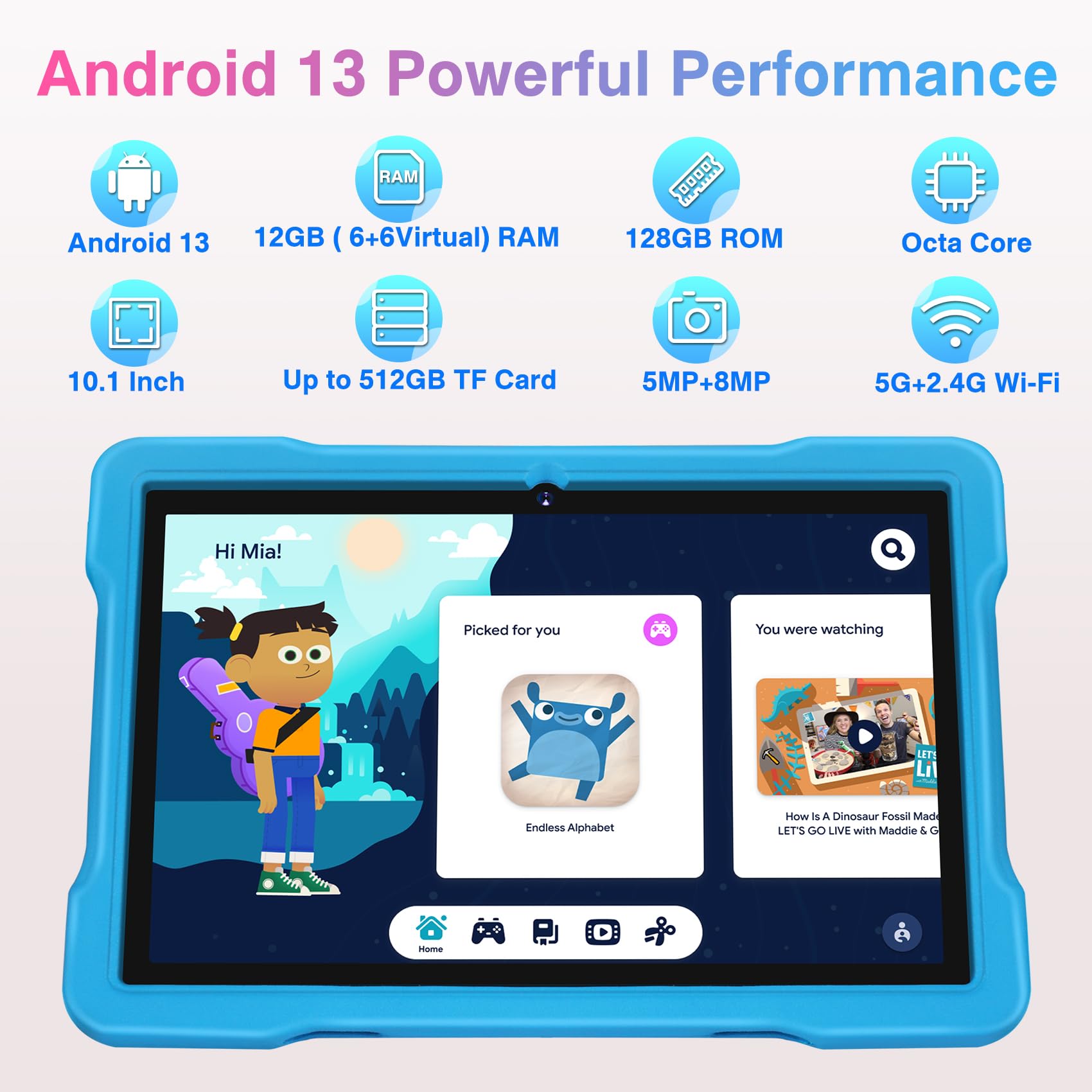 2023 Kids Tablet, 10 inch Android 13 Tablets for Kid Toddler 12GB+128GB 6000mAh Tablet with Shockproof Case, 5G WiFi, Google Kids Space Parental Control, 1280 * 800 HD Touchscreen Dual Camera -Blue