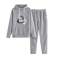 2Pcs Sweatsuits Women Funny Love Heart Chain Tracksuit Long Sleeve Pullover Hoodie & Sweatpant Jogger Drawstring Set