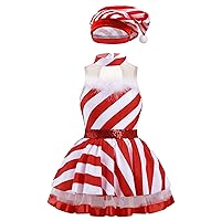 CHICTRY Girls Striped Print Candy Cane Dance Leotard Ballet Tutu Dress Santa Elf Christmas Costume Red with Hat 16 Years