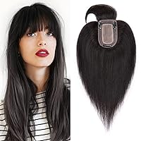 SEGO Hair Toppers for Women Real Human Hair with Thinning Hair, Toppers Hair Clip in Toppers with Bangs 150% Density Silk Base -14 Inch #1B Natural black