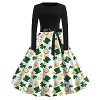 XJYIOEWT Womens Dresses Summer Short,Women St Pa Day Print Long Sleeve Crew Neck 1950s Housewife Evening Party Prom Dres