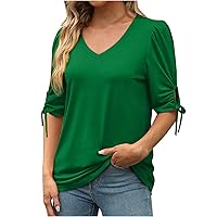 Women Casual V Neck Tunic Loose Fit Plain Tshirt Lace Up Hollow Short Sleeve Blouses 2024 Trendy Cute Tee Tops
