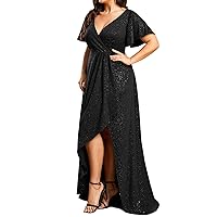 Alisapan Women's Deep V Neck A Line Ruffle Sleeves Split Plus Size Maxi Evening Dress