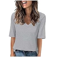 Ladies Tops and Blouse 1/2 Sleeve Summer Shirts Solid Color Basic Tops Casual Tee Shirts Loose Fitted Tunic Tops