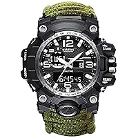 Top Brand Men's 6 in 1 Dual Display Analog Digital LED Electronic Quartz Wrist Watch Waterproof Swimming Military, Army Green Dial 2, Strap.