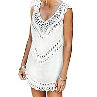 CUPSHE Women's Tummy Control V Neck One Piece Swimsuit Size L White Crochet Sleeveless Tunic Cover Up