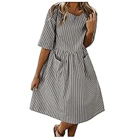 Women's Summer Dresses Casual Women Half Sleeve Striped Loose Knee Length Pocket Elastic Waist Dress(Grey,Large)