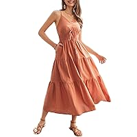 GRACE KARIN Women's Cotton Dresses Summer 2024 Spaghetti Strap V Neck Ruffle Tiered Flowy Dresses