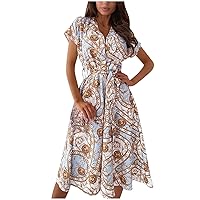 Women's Flowy V-Neck Glamorous Dress Casual Loose-Fitting Summer Swing Short Sleeve Long Floor Maxi Print Beach Beige
