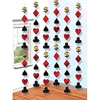 Casino Foil String Decorations - 7' (Pack of 6) - Red, Black, & Gold Casino Party Icons - Perfect for Game Night, Vegas-Themed Events, and More