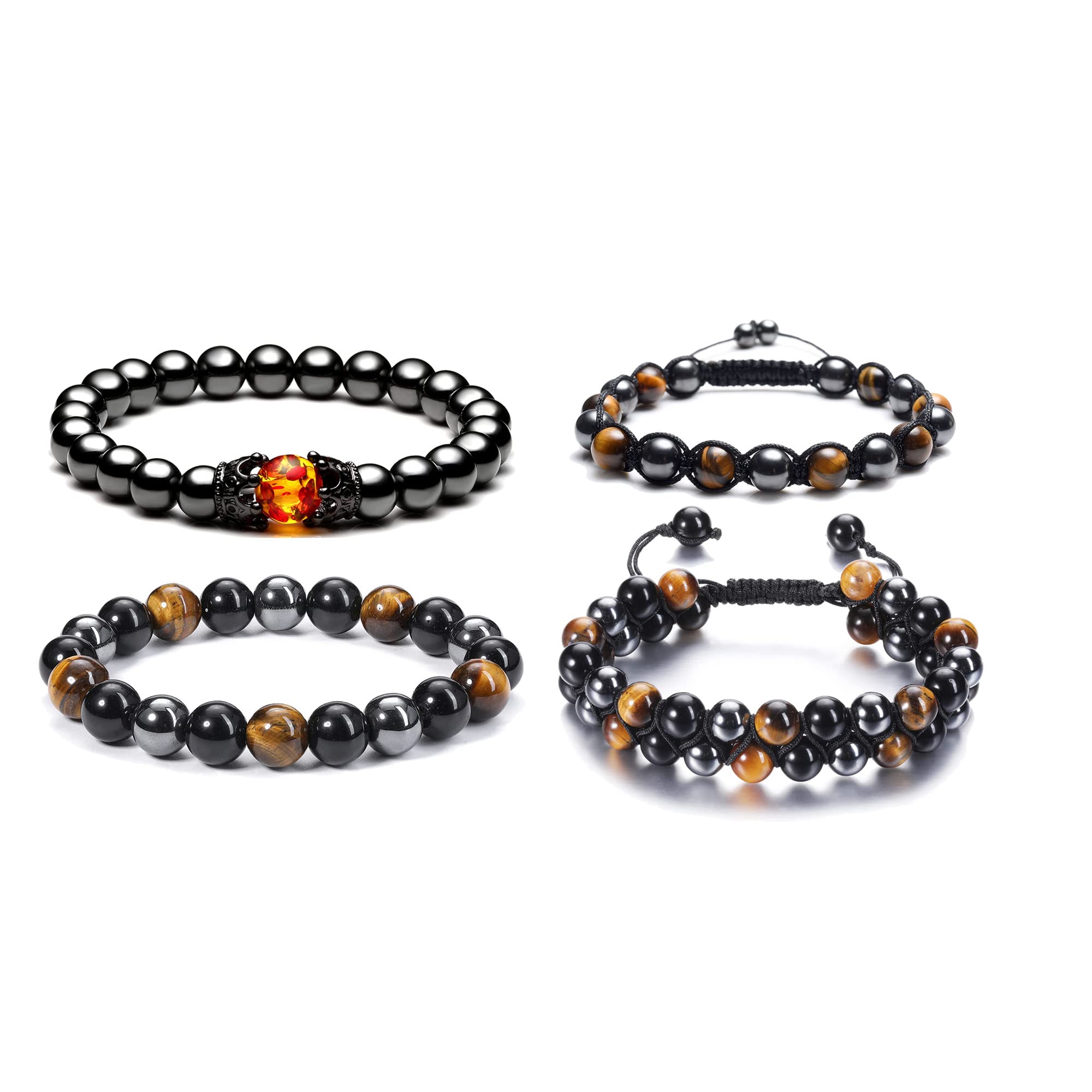 Jovivi Bundle - 2 Items Hematite Black Obsidian Tiger Eye Stone Bracelets + 2 Pcs Lava Rock Hematite Black Obsidian Tiger Eye Stone Bracelets for Women Men