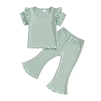 Kupretty Baby Girl Clothes Summer Solid Knit Ruffle Short Sleeve T-Shirt Tee & Flare Pants Set Toddler Bell-bottoms Outfit