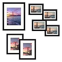 Frametory, Gallery Wall Frame Set of 7 Multiple Sizes 11x14, 8x10, 5x7 Picture Frame Collage with Ivory Color Mat for Prints, with Real Glass (Black)