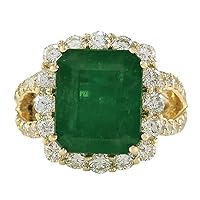 7.49 Carat Natural Green Emerald and Diamond (F-G Color, VS1-VS2 Clarity) 14K Yellow Gold Luxury Engagement Ring for Women Exclusively Handcrafted in USA