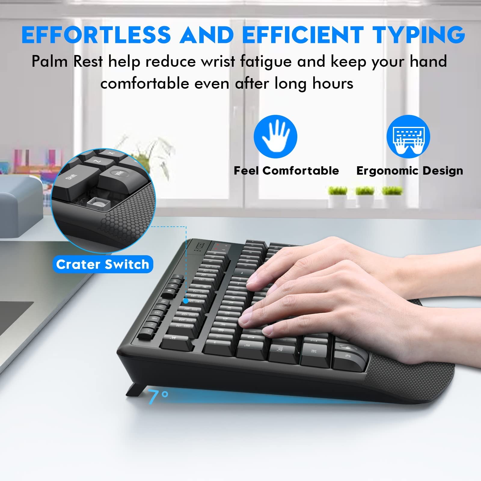 Wireless Keyboard and Mouse Combo, E-YOOSO 2.4GHz Full-Sized Ergonomic Wireless Keyboard with Wrist Rest, 3 DPI Adjustable and 6 Buttons Cordless USB Mouse for Computer, Laptop, PC, Windows, Mac