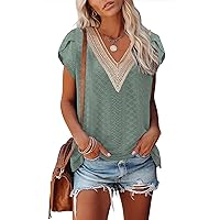 Womens Summer Tops Dressy Cap Sleeve Lace V Neck Hollow Floral Print Casual Loose Fit T-Shirts Blouse