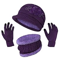 YSense Women 3 in 1 Hat Scarf and Gloves Set, Fleece Lined Winter Warm Beanie Hat Newsboy Touchscreen Gloves Scarves,Purple, Large