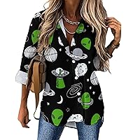 Outer Space Alien Long Sleeve Shirts for Women Irregular Hem Button Down Blouse Loose V Neck Tees Top