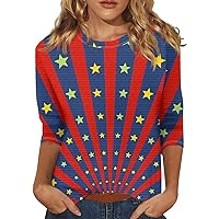 Woman 4th of July Shirt 3/4 Sleeve Tops Women Independence Day Clothes Star Stripes American Flag Patriotic T Shirt