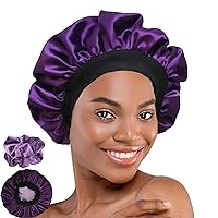 Hafree Bonnet, Adjustable Silk Satin Sleep Cap Hair Wrap for Women Men with 2 Pieces of Scrunchies Double Layer Lined Bonnets for Curly Braid Hair (Dark Purple)