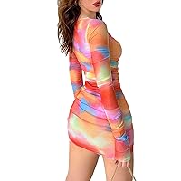 Floerns Women's Tie Dye Long Sleeve Square Neck Ruched Bodycon Mini Dress