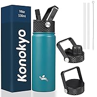 Insulated Water Bottle with Straw,18oz 3 Lids Metal Bottles Stainless Steel Water Flask,Light Blue