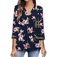 Women 3/4 Sleeve Boho Floral Dressy Lapel Tunic T-Shirts Summer Trendy Casual Loose Fit V Neck Tee Tops Blouses