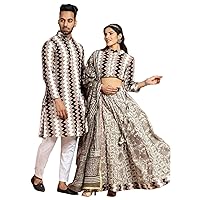 Indian festival Cotton Hand Printed Top Skirt lehenga Mulmul Dupatta & Mens kurta pajama couple combo 490v