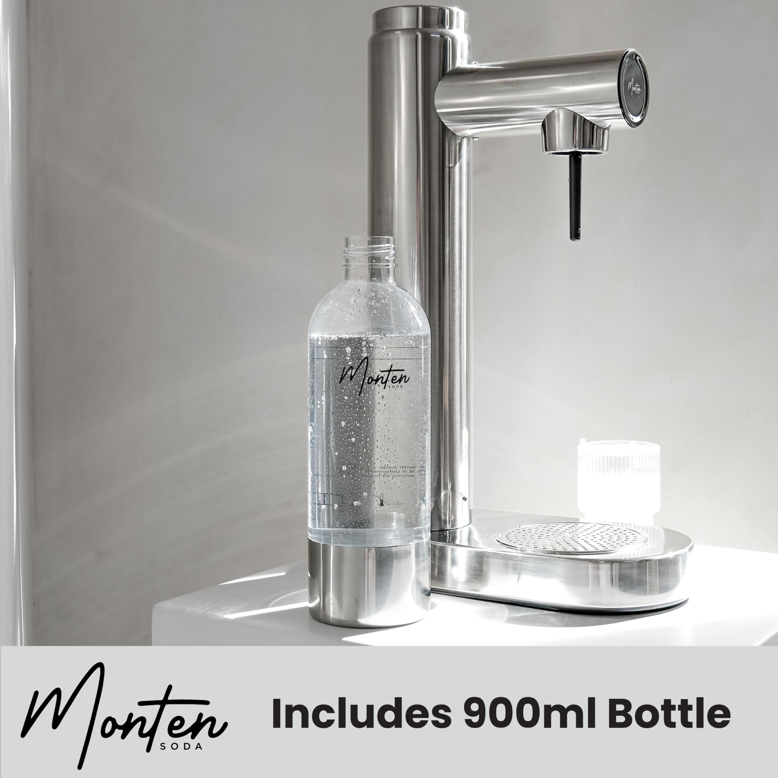 MonTen Soda Sparkling Water Maker - Polished Steel Carbonator for Effortless Fizz - Includes 2x 900ML Bottle - Made with Premium Stainless Steel - Compatible with Sodastream & Soda Sense CO2 Cylinders
