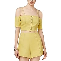 ASTR the label Womens Button Front Crop Top Blouse, Yellow, Large